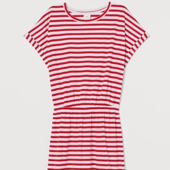 Short sleeves H&M red and white horizontal stripes modal blend jersey dress L - Picture 1 of 4